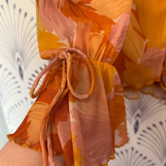 Orange and Brown Ruffled Bell Sleeve Tie Front Blouse - Picture 6 of 7